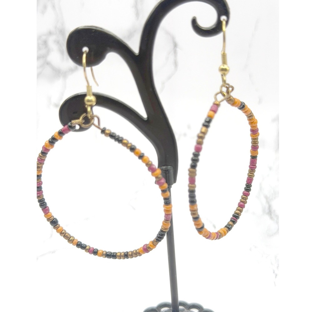 Boho Beaded 2" Hoop Earrings Colorful Orange Purple Festival‎ Jewelry